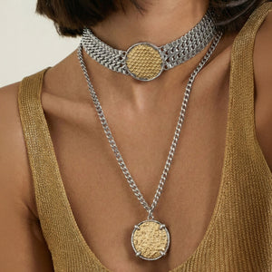 Dual-Tone Medallion Necklace Set