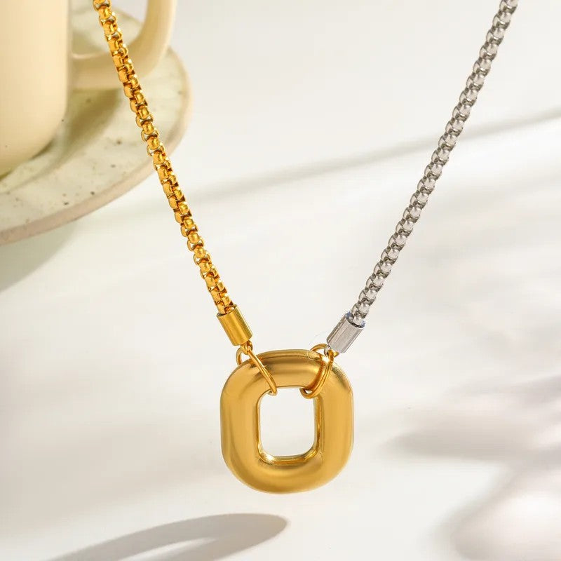 Square Pendant Two-Tone Link Necklace