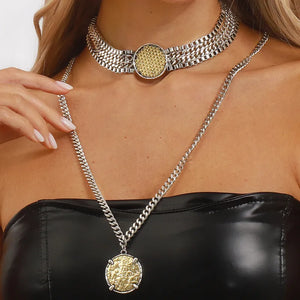 Dual-Tone Medallion Necklace Set