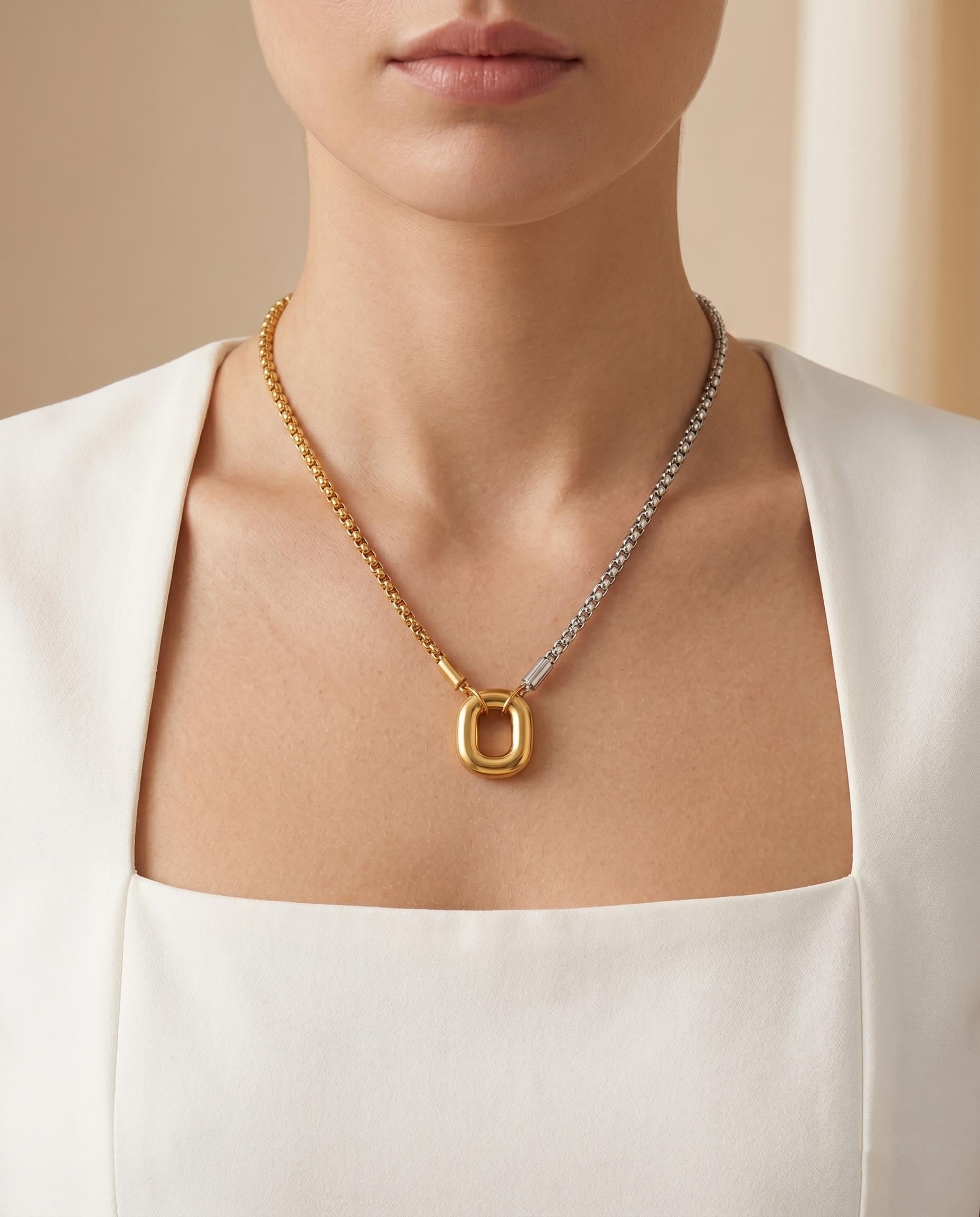 Square Pendant Two-Tone Link Necklace