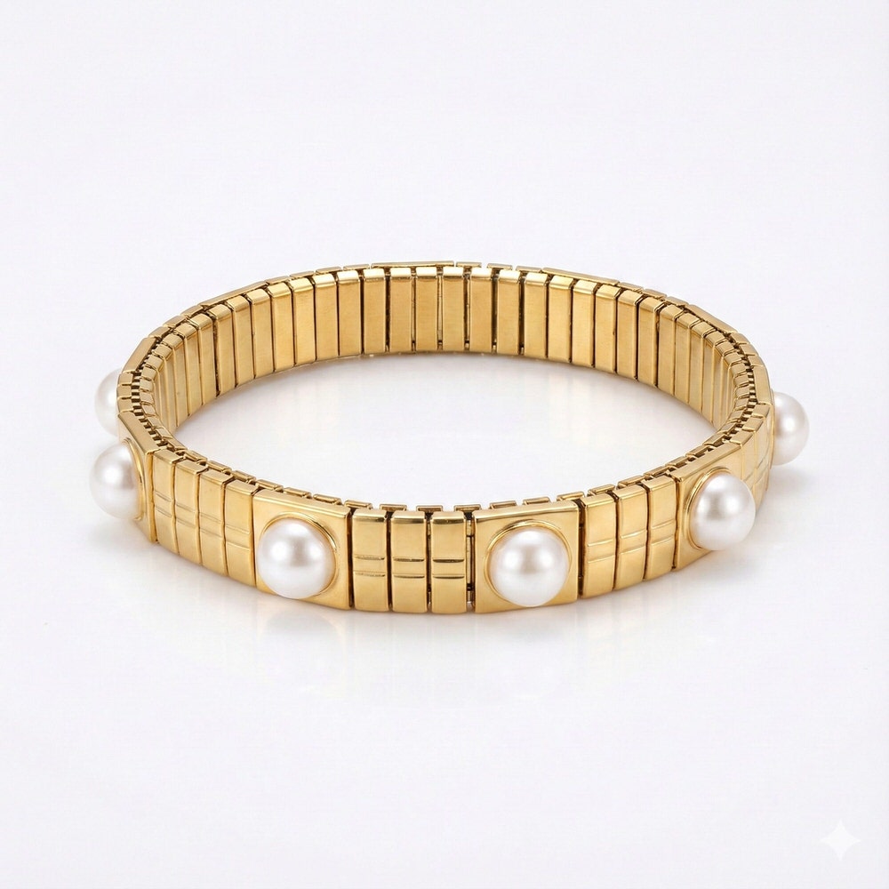 Golden Stretch Bracelet With Pearls