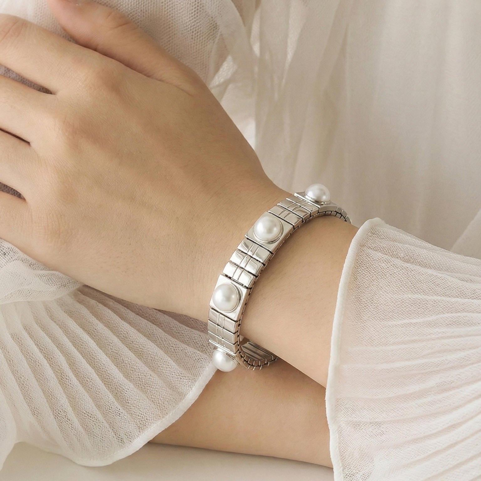 Silver Stretch Bracelet With Pearls