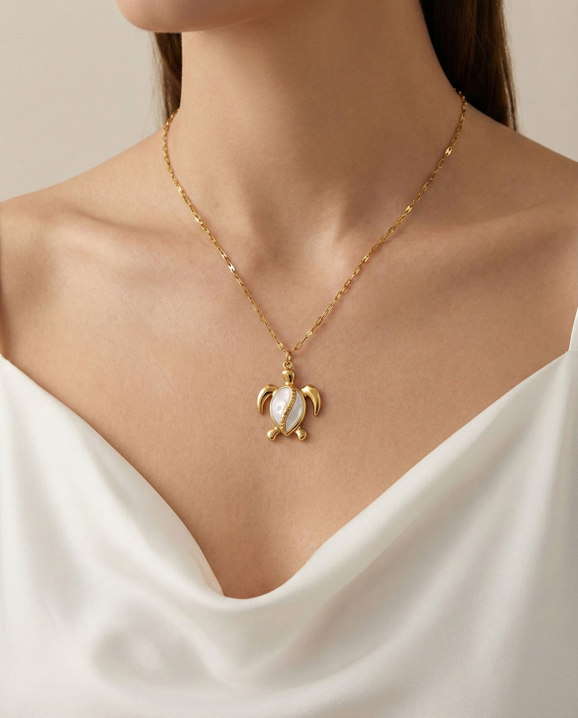 Mother Of Pearl Turtle Pendant Necklace