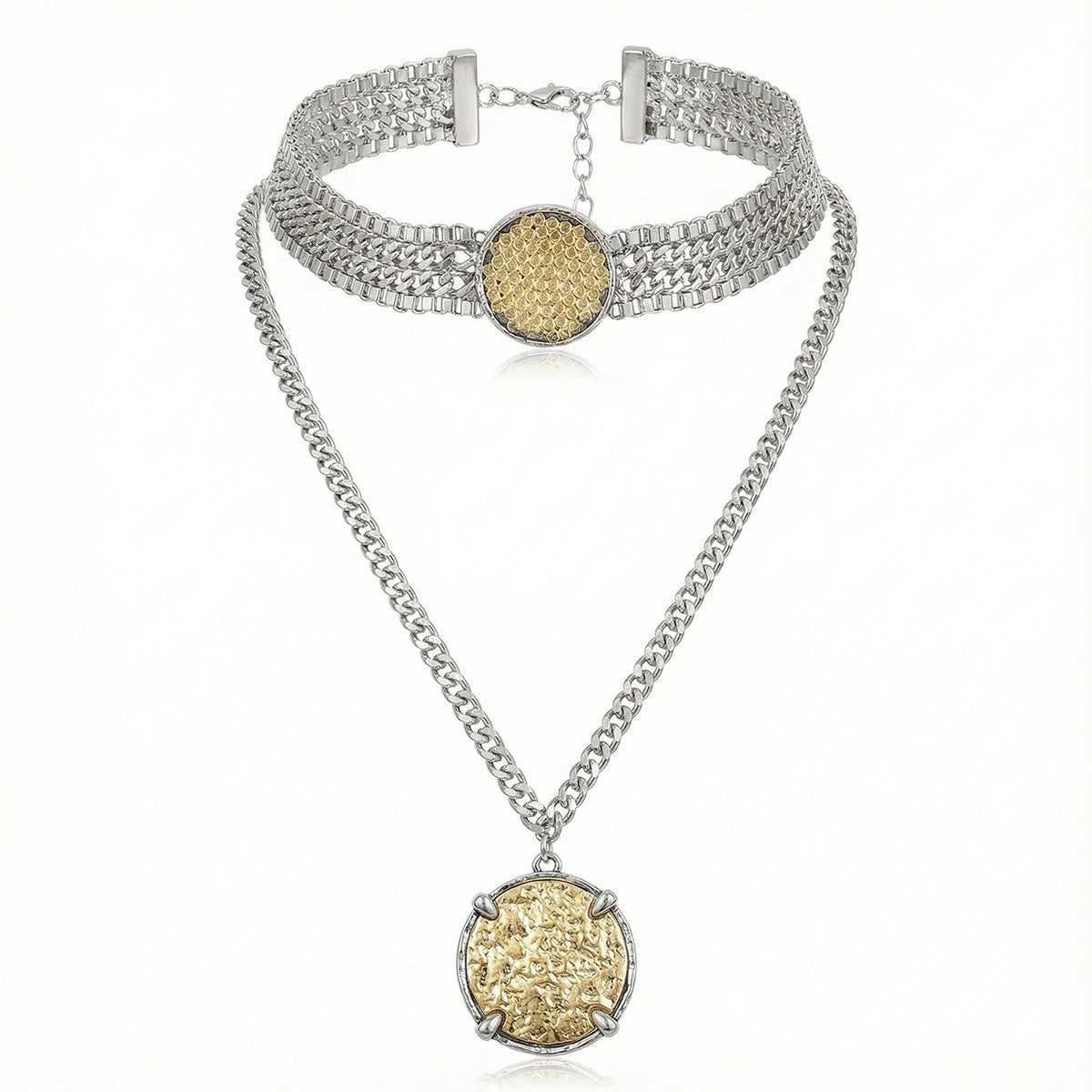 Dual-Tone Medallion Necklace Set